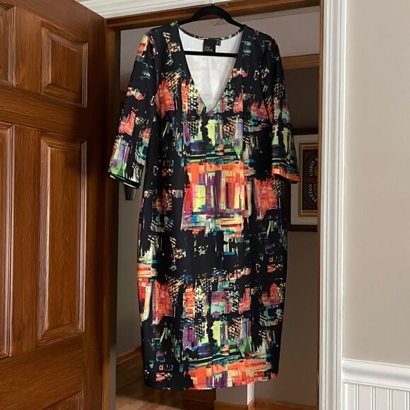 ASOS Curve Black and Orange Sheath Dress V-Neck 3/4 Sleeve - Picture 1 of 7